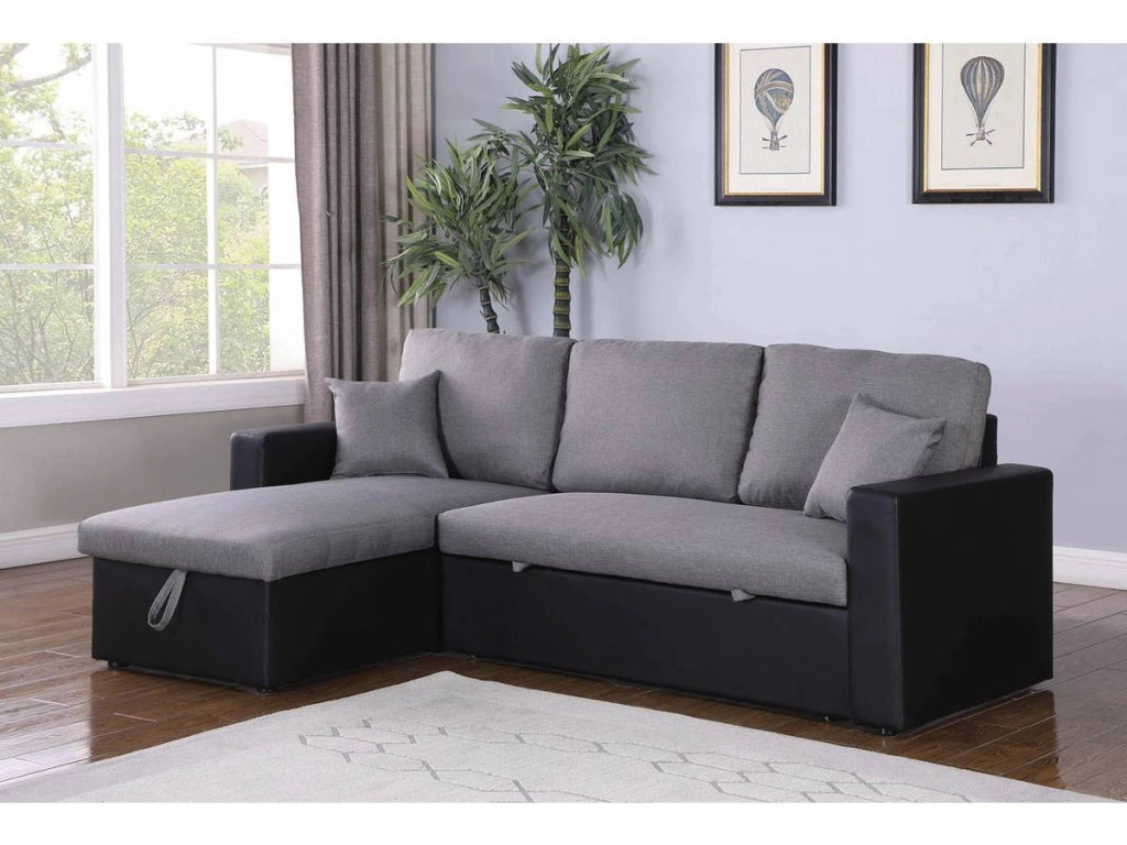 Divano ad angolo trasformabile con contenitore "Alain" - 221 x 145 x 85 cm - 3 posti a sedere - Grigio / Nero