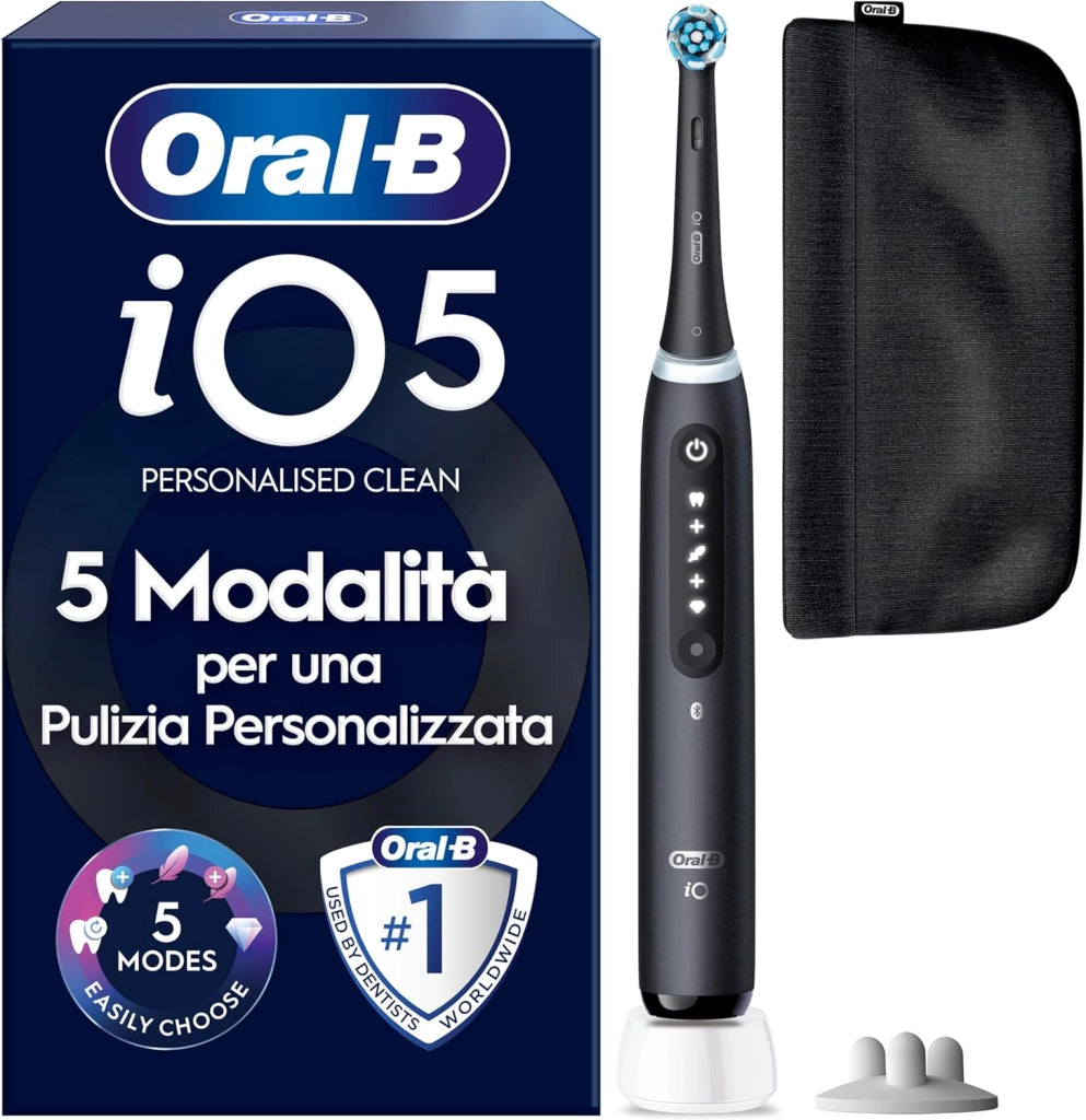 Oral-B iO 5 Spazzolino Elettrico, con 1 Testina di Ricambio, Astuccio, Nero - 1 Testine di Ricambio per Spazzolino Elettrico, Ricaricabile, Custodia da Viaggio, Sensore di Pressione, Pulizia Denti