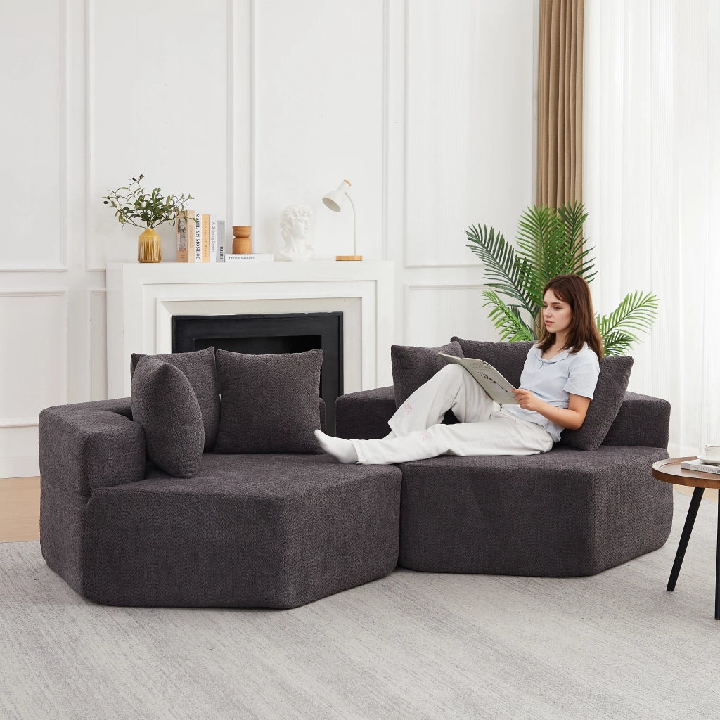 Poltrona modulare esagonale con seduta morbida e 3 cuscini, per relax, in chenille e schiuma con molle, grigio