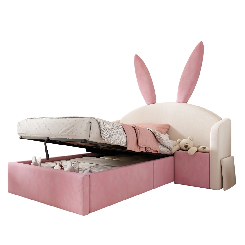 Letto Imbottito Singolo per Bambini con Contenitore e Comodino ¨C MINIMAL ¨C Velluto Beige Rosa 90x190