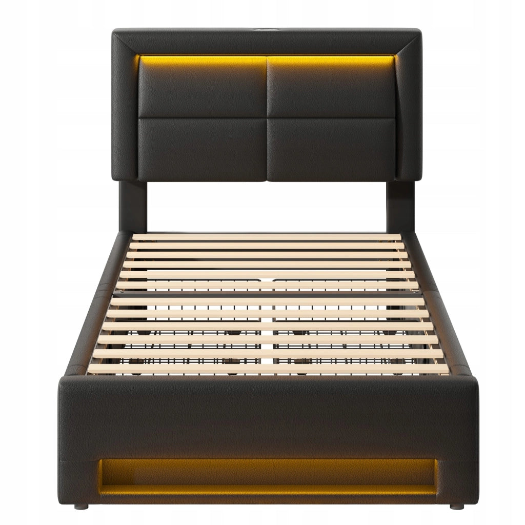 Letto imbottito con USB, LED, 4 cassetti - Xylo - 90x200 - Nero