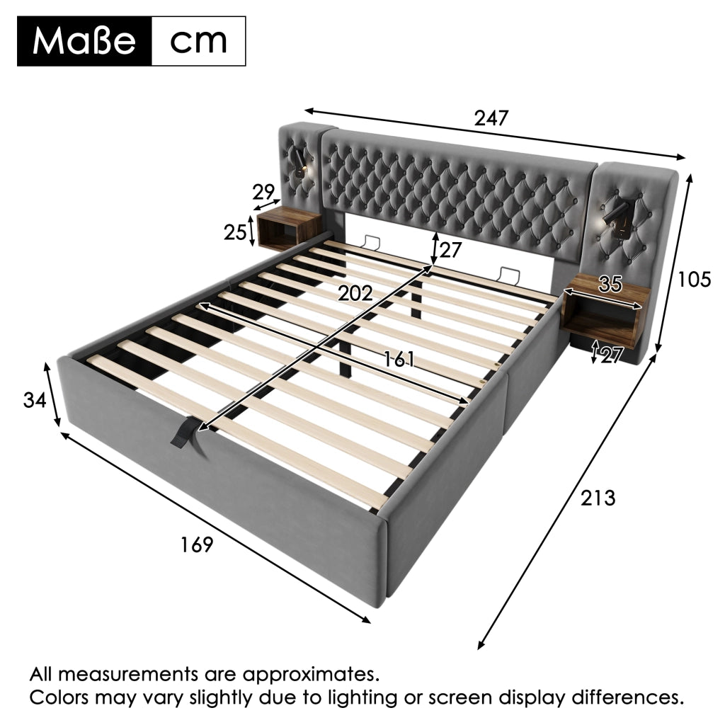 Camera da letto completa con un letto matrimoniale di 160x200cm in velluto grigio due comodini e un letto da lettura con USB e materasso