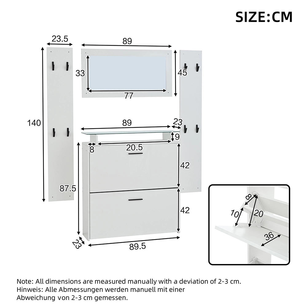 Set Ingresso 4 Pezzi 89.5x23x96.5cm - Xylo - con Specchio e Appendiabiti, Bianco