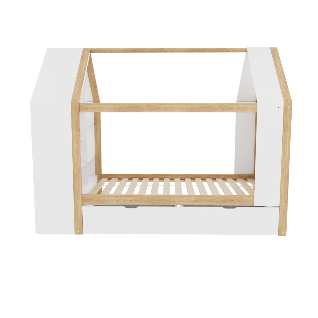 Letto Casetta Letto Singolo 90x200 cm con 2 Cassetti; LED e Spazio Contenitore