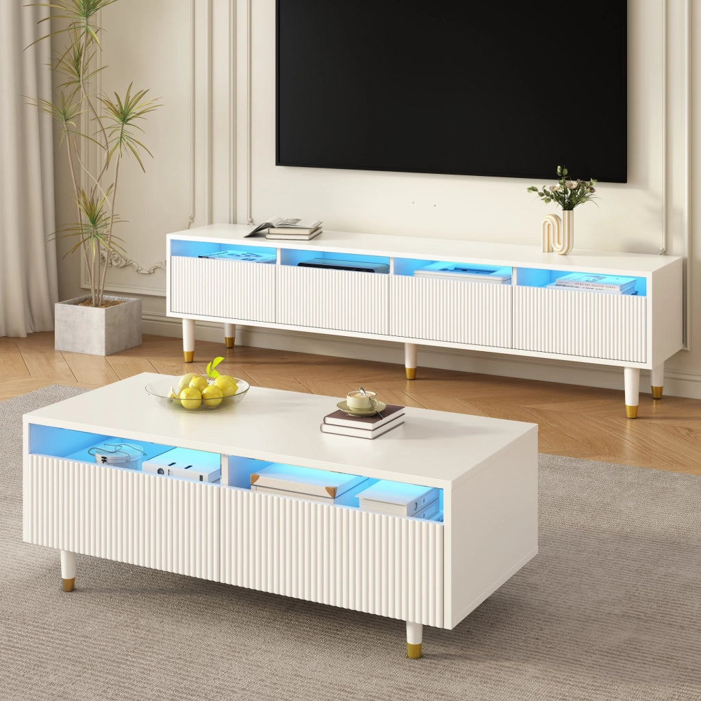 Mobile TV e Tavolino con LED ¨C MINIMAL ¨C Bianco con Design Oro, Ante in Acrilico, 4 Ante