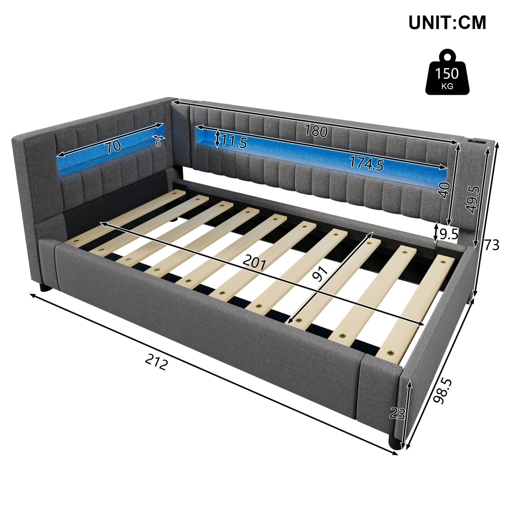 Daybed in lino grigio 90x200 LED a piè letto sollevamento idraulico USB/Type-C