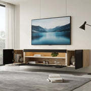 Cassettiera per TV beige e nero in truciolare; lunghezza 180 cm