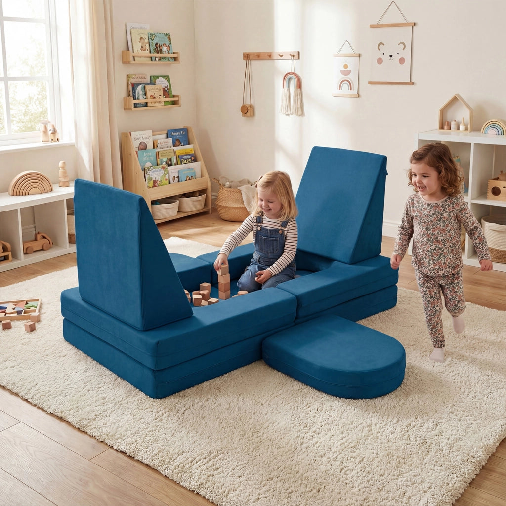 Divano da gioco per bambini trasformabile tessuto suede e schiuma ad alta elasticit¨¤, Poltrona modulare a 10 pezzi Blu