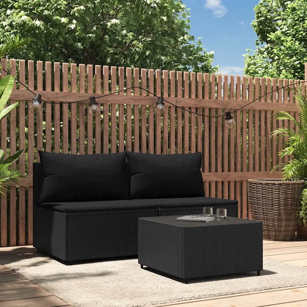 Set Divani da Giardino 3 pz | Set Salotto da Giardino con Cuscini Nero in Polyrattan