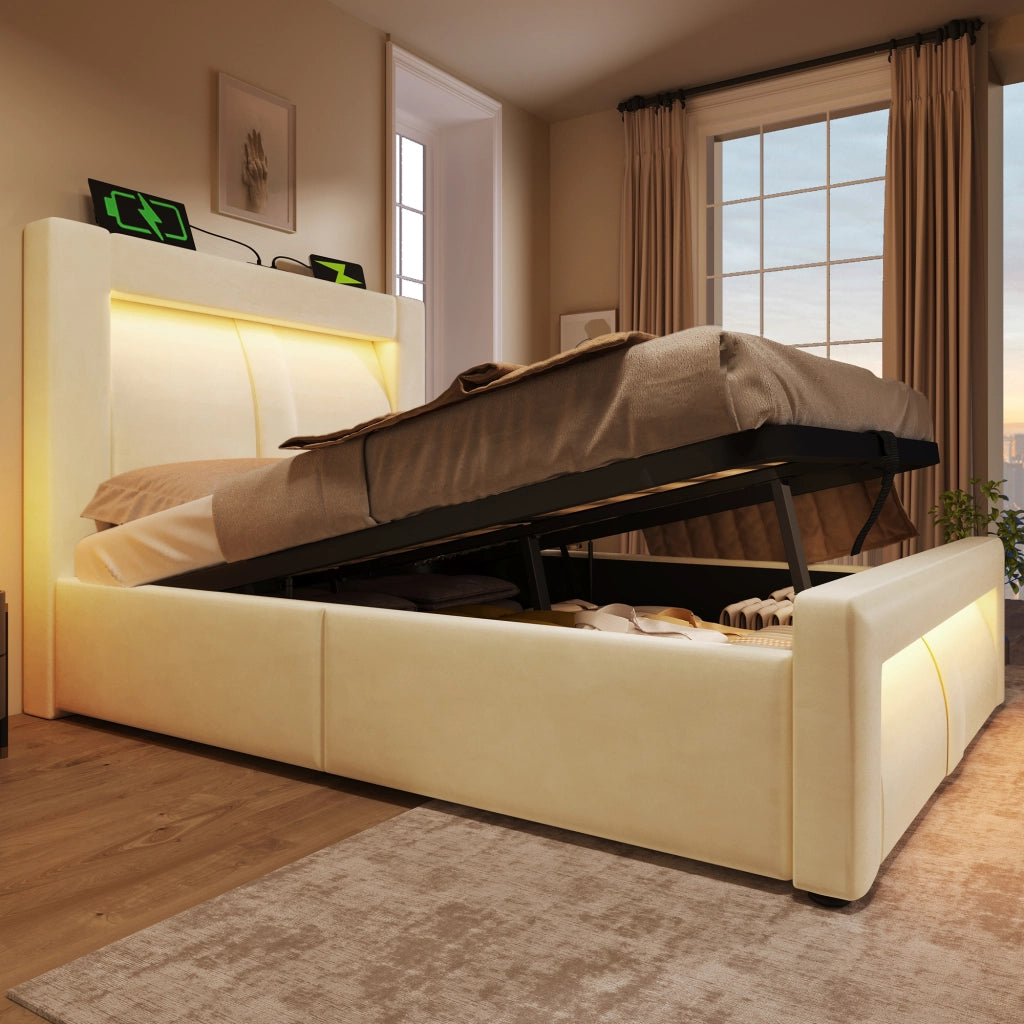 LETTO contenitore 90x200 cm in velluto beige con LED, USB, Type-C e materasso incluso