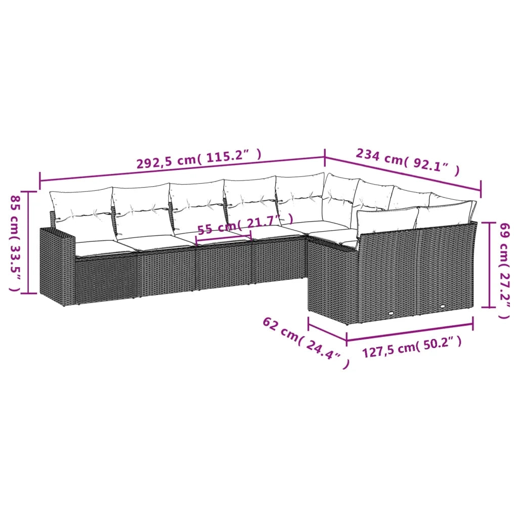 Set Divani da Giardino 9 pz con Cuscini Nero in Polyrattan 3251773