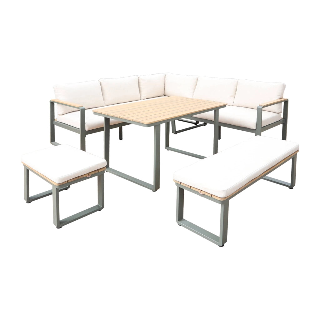 Salotto da giardino in legno di acacia e alluminio, 8 posti, verde
