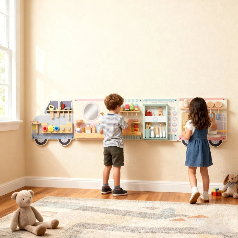 Tavola sensoriale Montessori a forma di camioncino, adatta a bambini dai 3 anni in su.