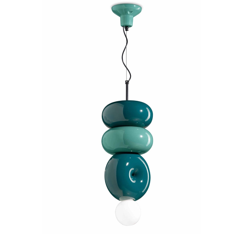 Sospensione Vintage Decò Bumbum 2+1 Elementi Ceramica Turchese Verde 1 Luce E27