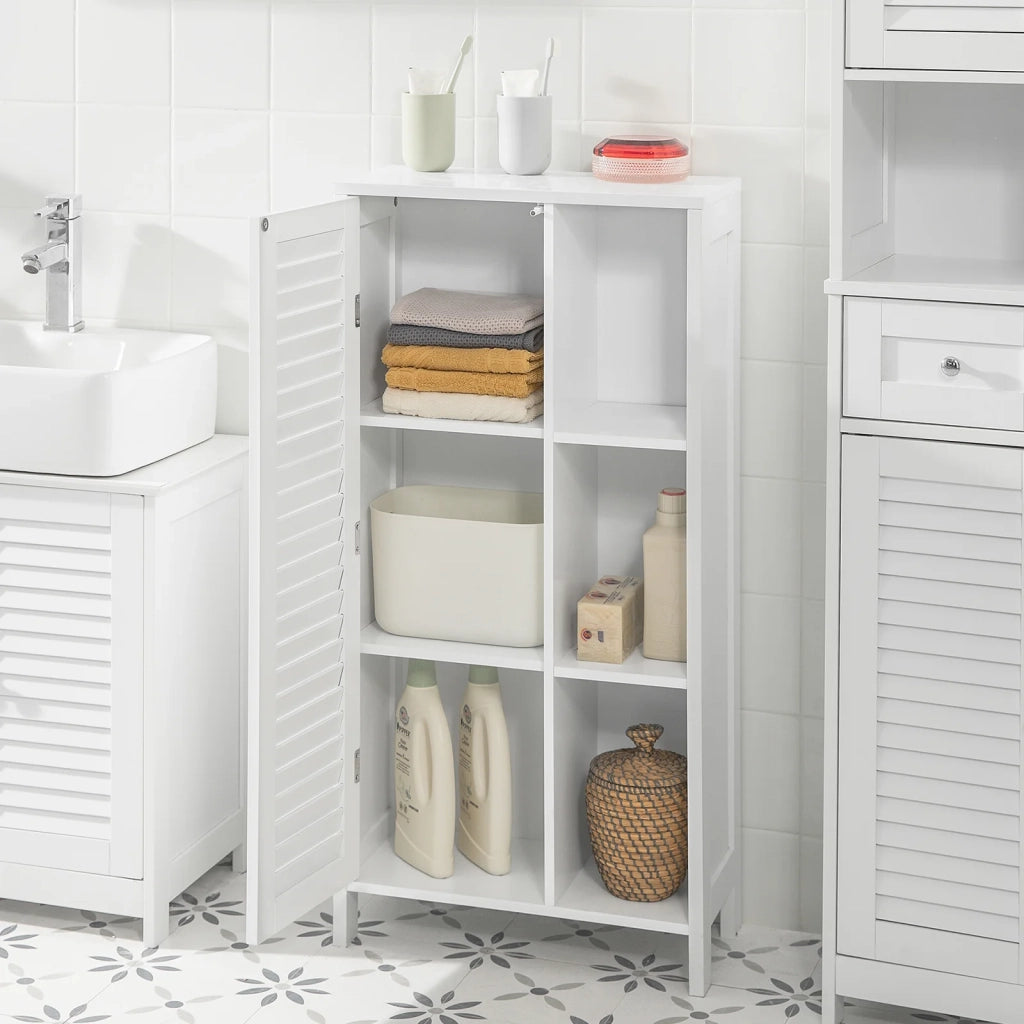 Mobiletto bagno Armadietto bagno Mobile bagno con anta lamellare comò Mobile contenitore bianco L48xP24xA96cm, BZR39-W