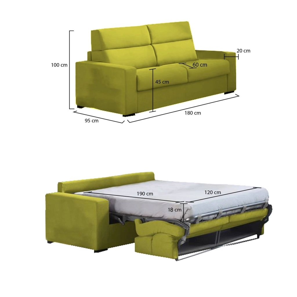 None, Divano Letto 2 Posti Sfoderabile Made in Italy, 180x95 cm Verde