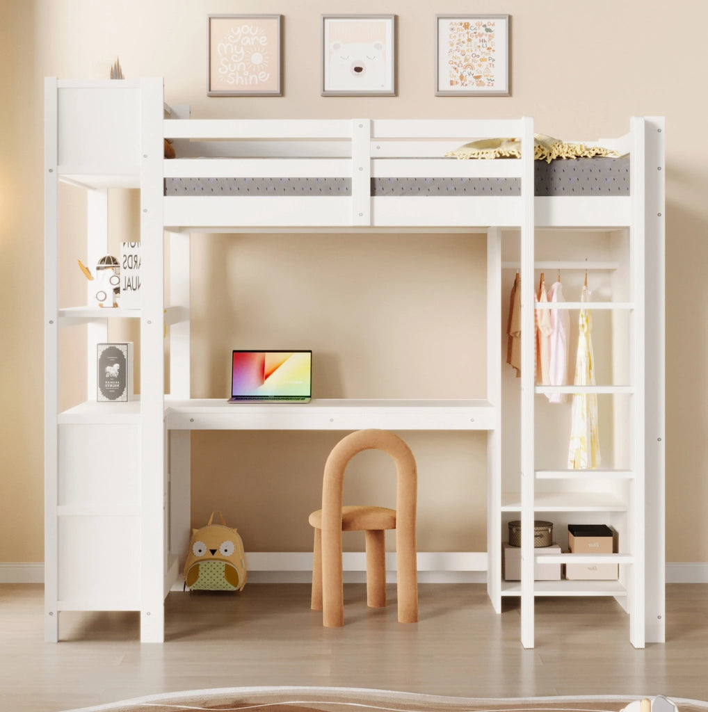 Letto a soppalco 90x200 cm con scrivania; ripiani e armadio; bianco