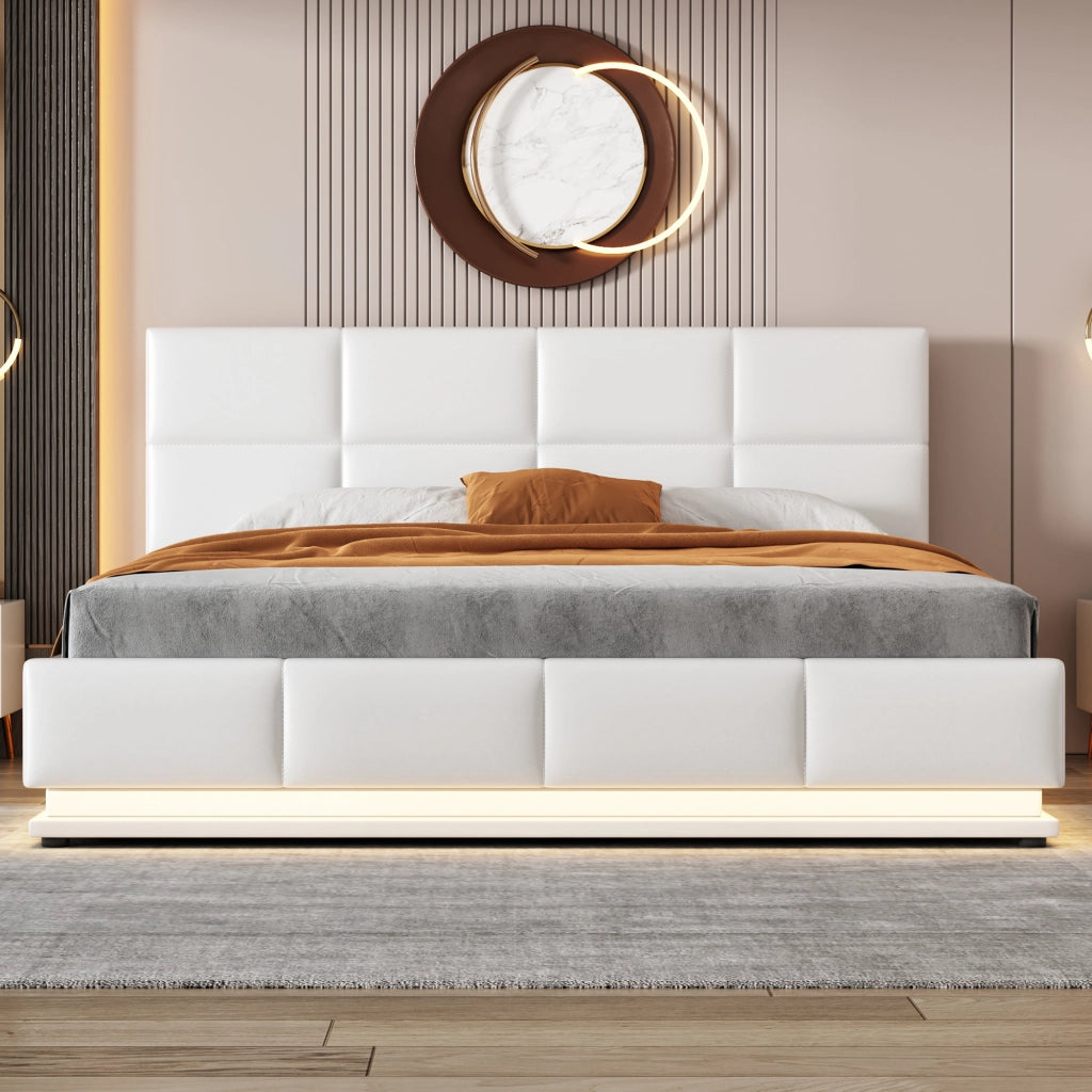 Letto imbottito 160x200 cm con LED, rete a doghe in metallo e contenitore, letto matrimoniale idraulico, bianco