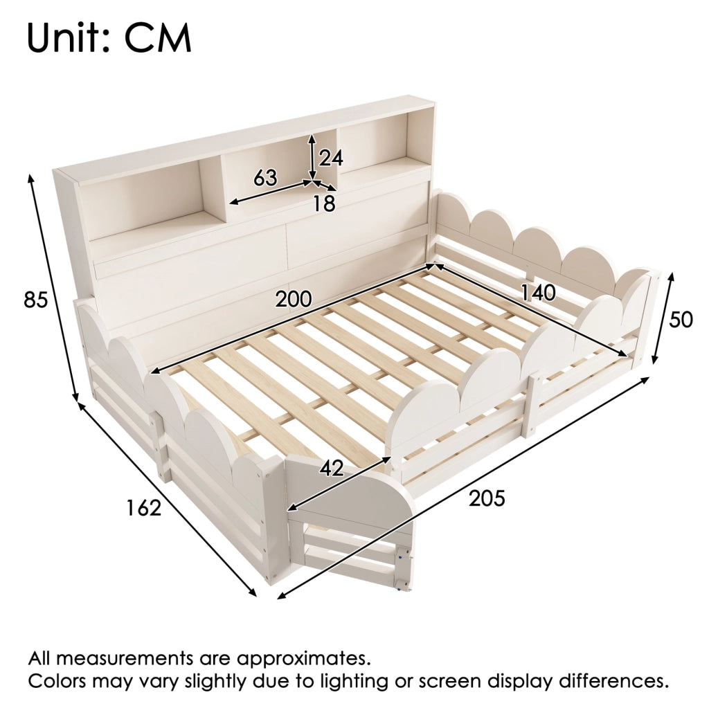Letto a pavimento per bambini 140x200 cm con barriera, porta e scaffale