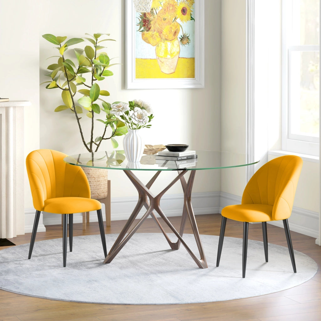 Sedia da Pranzo con Schienale a Conchiglia e Gambe in Metallo ¨C Minimal ¨C Velluto Giallo