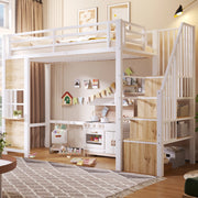 LETTO a soppalco 90x200 cm in metallo e MDF bianco con scala contenitore