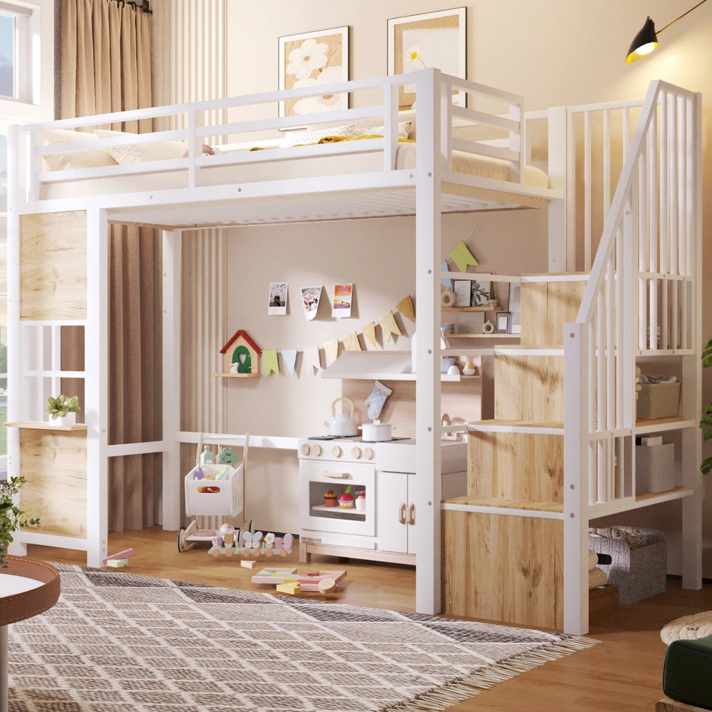 LETTO a soppalco 90x200 cm in metallo e MDF bianco con scala contenitore
