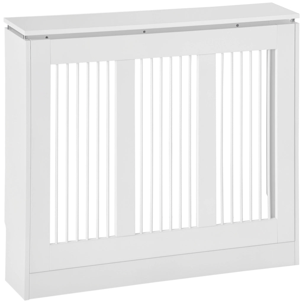 Copritermosifone a Doghe, Copri Termosifone Moderno con Antiribaltamento per Soggiorno, Corridoio, Ufficio, in MDF e Acciaio, 90x18x84cm, Bianco