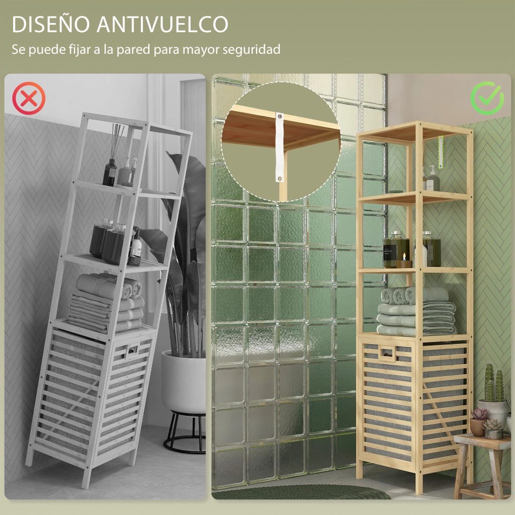 Mobile da Bagno con Ripiani e Cesto per Biancheria ¨C Minimal ¨C 44x33x160 cm Natural