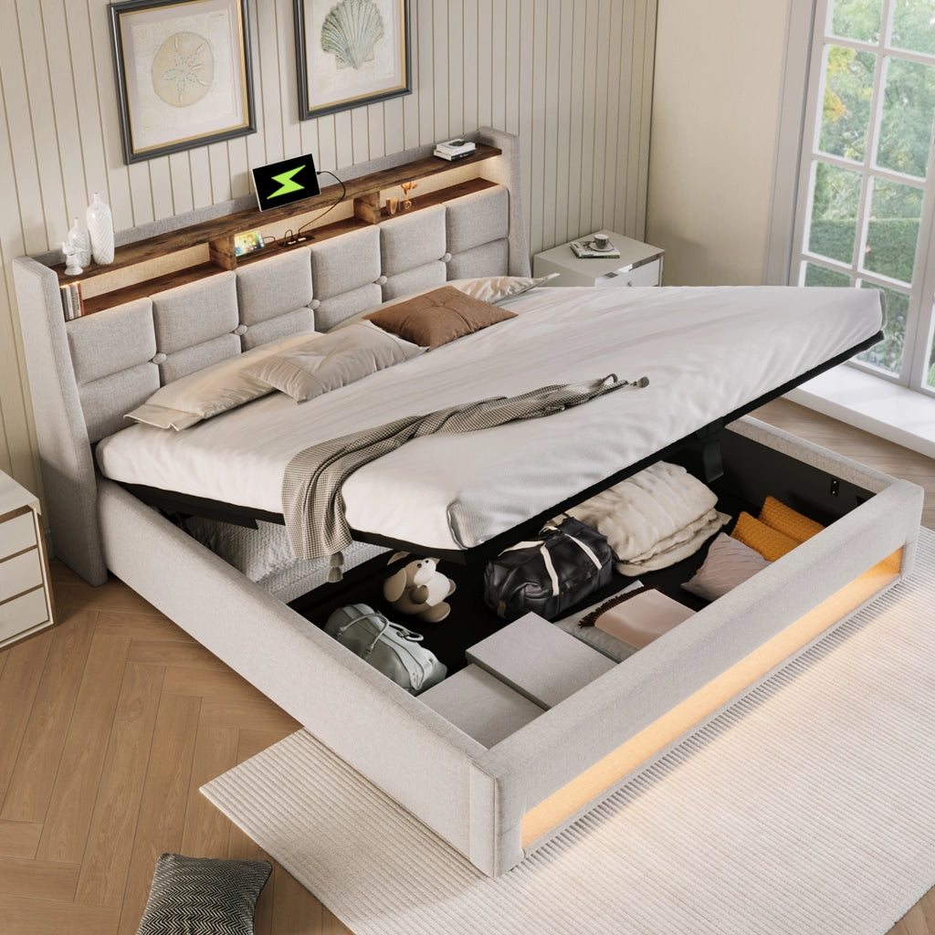 LETTO Contenitore 180x200 cm Beige in lino con USB e LED