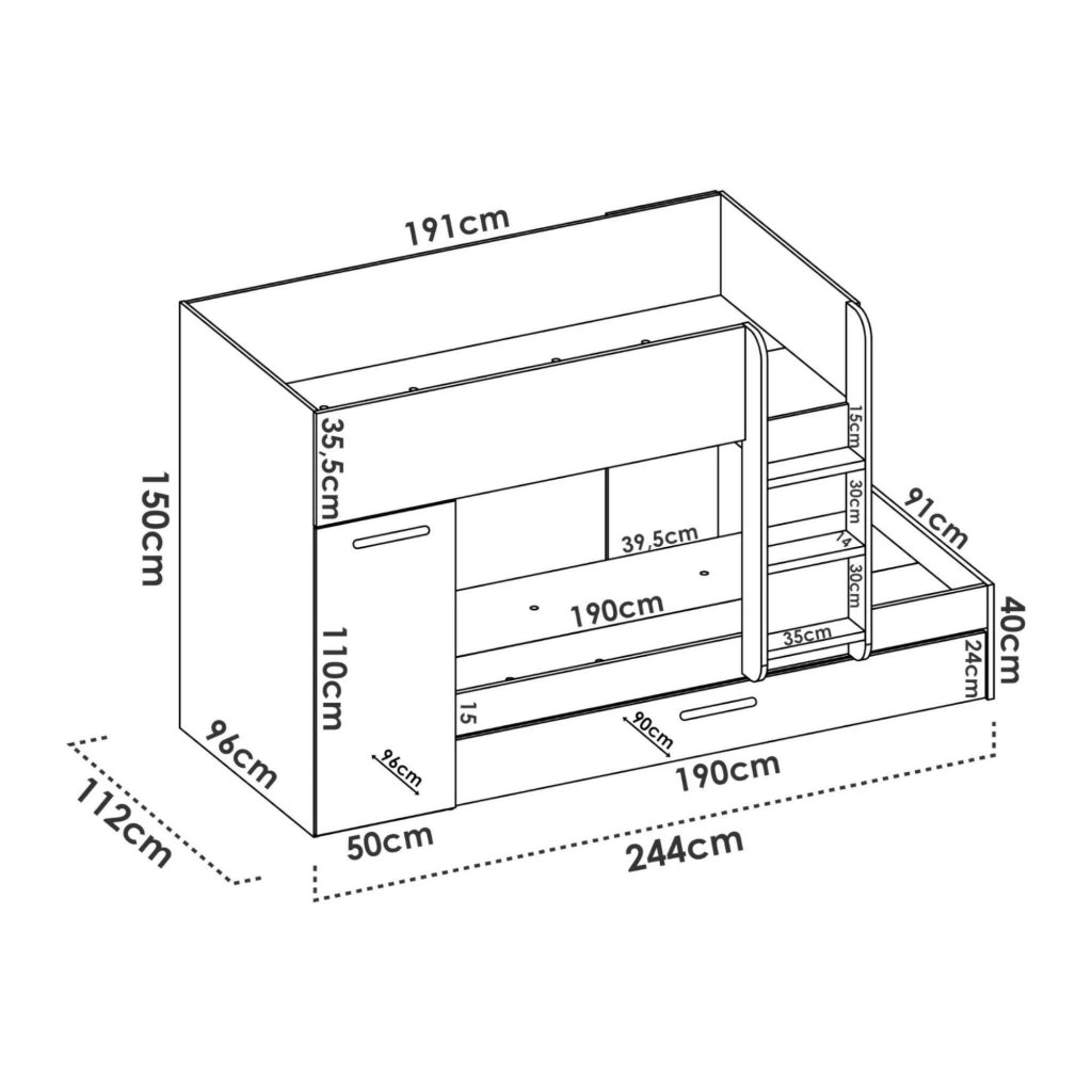 Letto per bambini Hikaa, Cameretta completa con armadio e cassetto, Composizione letto a castello con due lettini singoli, 244x112h150 cm, Rovere e Bianco