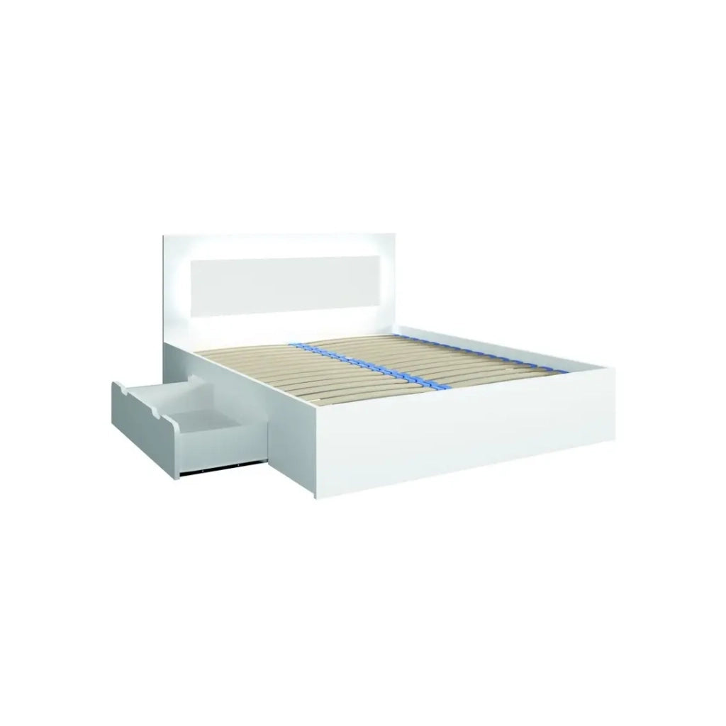 Set camera NOFI - Letto 140x200 cm con rete a doghe, 2 cassetti, comodini, armadio e cassettiera - bianco