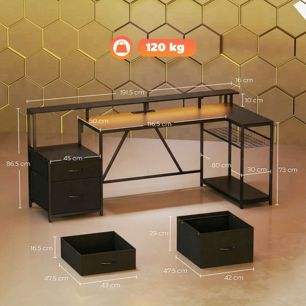 Scrivania Gaming Angolare con Hub di Ricarica, Luci LED e Supporto Monitor, in Legno e Acciaio, 192.5x80x86.5 cm, Nero