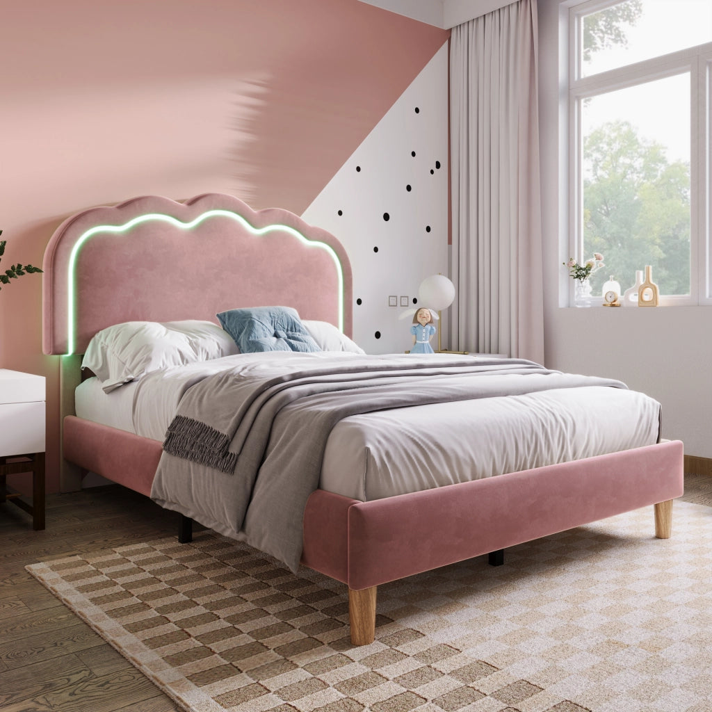Letto singolo LED – 90x190 cm – testiera regolabile rete – velluto rosa