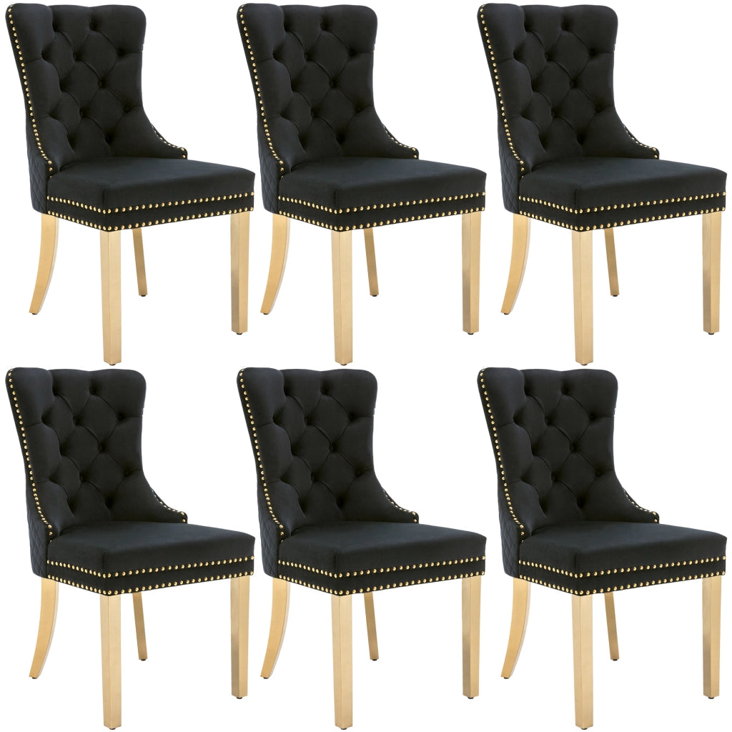 Sedia da Pranzo Imbottita in Velluto ¨C Xylo ¨C Nero/Oro, Schienale con Anello, Gambe in Acciaio Dorato, Set 6