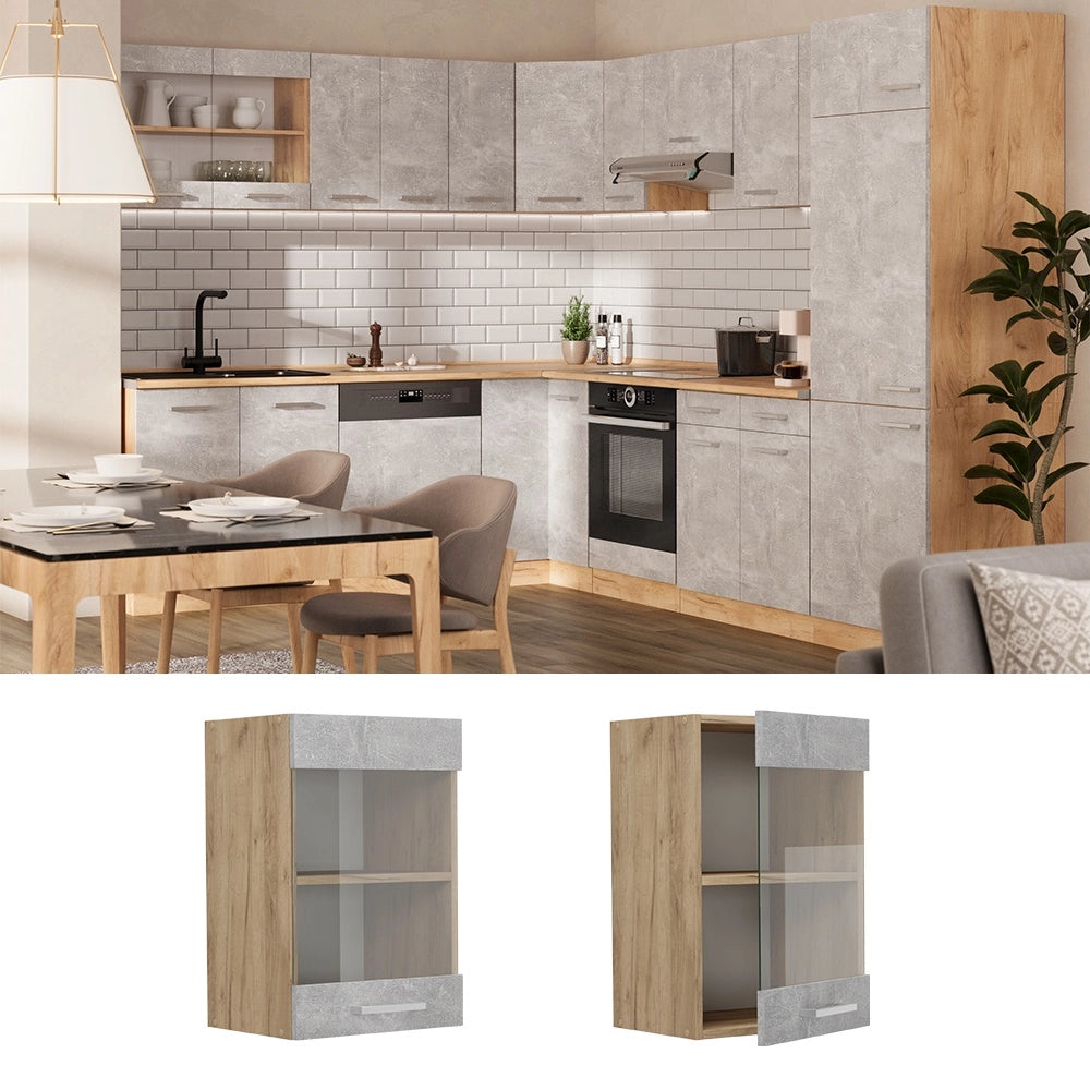 Mobile da cucina in vetro R-Line Calcestruzzo/Rovere dorato 40 cm Vicco