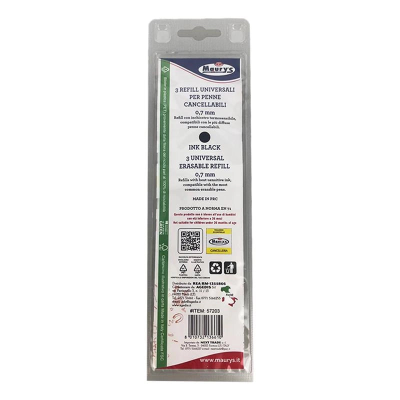 REFIL 3 PZ PENNA CANCELLABILE UNIVERSALE INCHIOSTRO NERO  PUNTA 0,7 MM