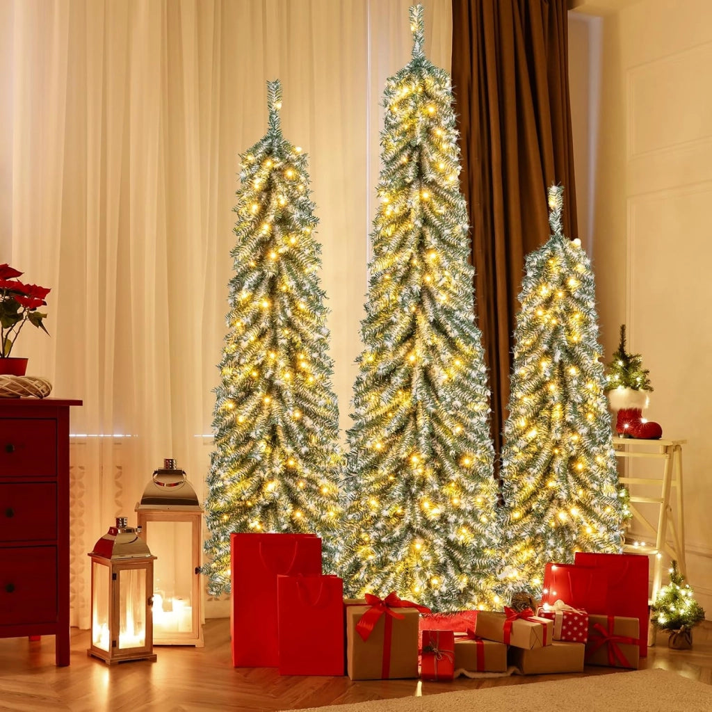 Albero di Natale Slim e Innevato con Luci 120/150 / 180 CM, Set di Alberi di Natale Artificiali Realistico con 216 & 302 & 505 Punte di Rami e 100 & 120 & 180 Luci LED