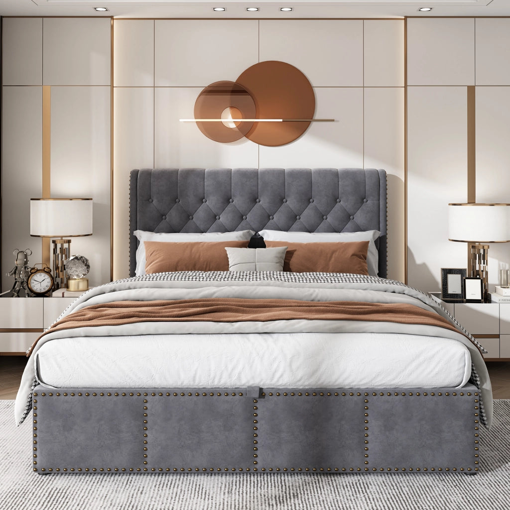 letto con contenitore in velluto grigio 140 x 190 cm