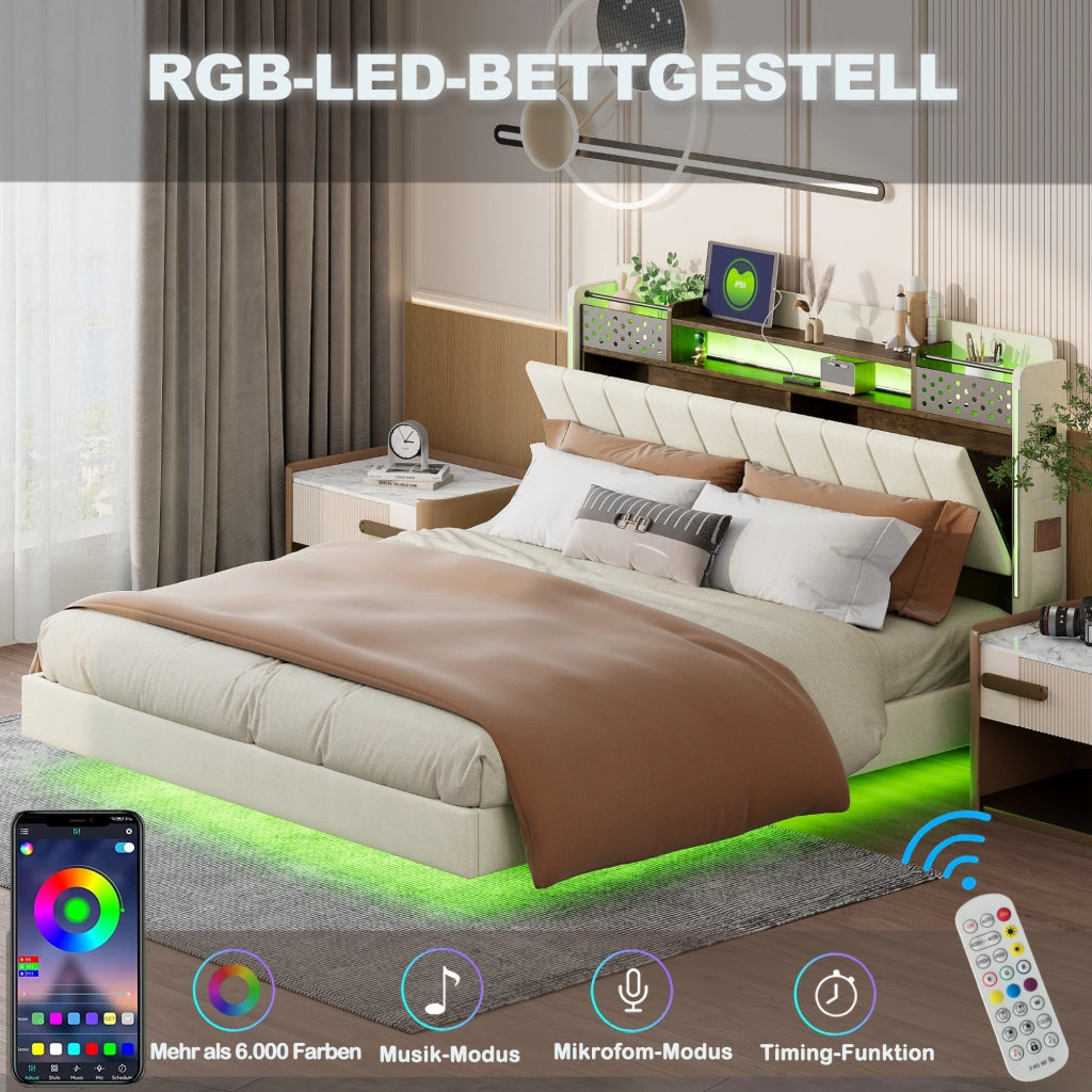 Letto imbottito – 160x200 cm – LED USB testiera contenitore – lino beige