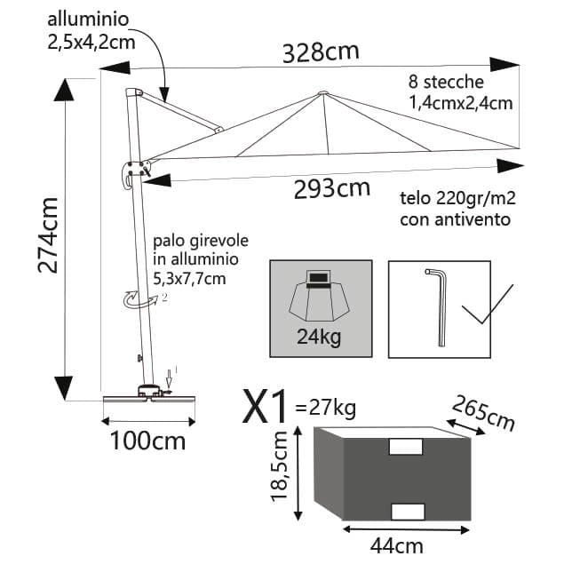 Ombrellone da Giardino decentrato 3x4 in alluminio - IVAN