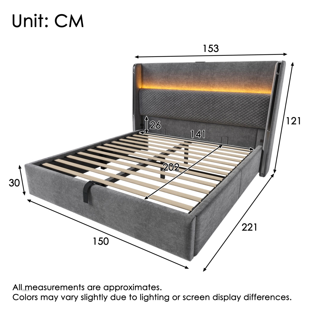Letto contenitore 140 × 200 cm con testiera alta, LED, USB e Type-C, materasso incluso, grigio