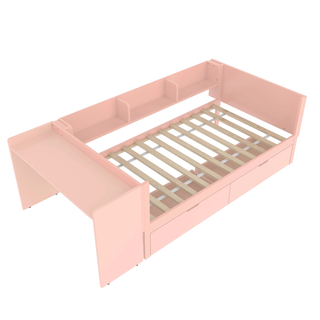 Letto Singolo con Scrivania e Cassetti ¨C MINIMAL ¨C Pino, Rosa, 90x200