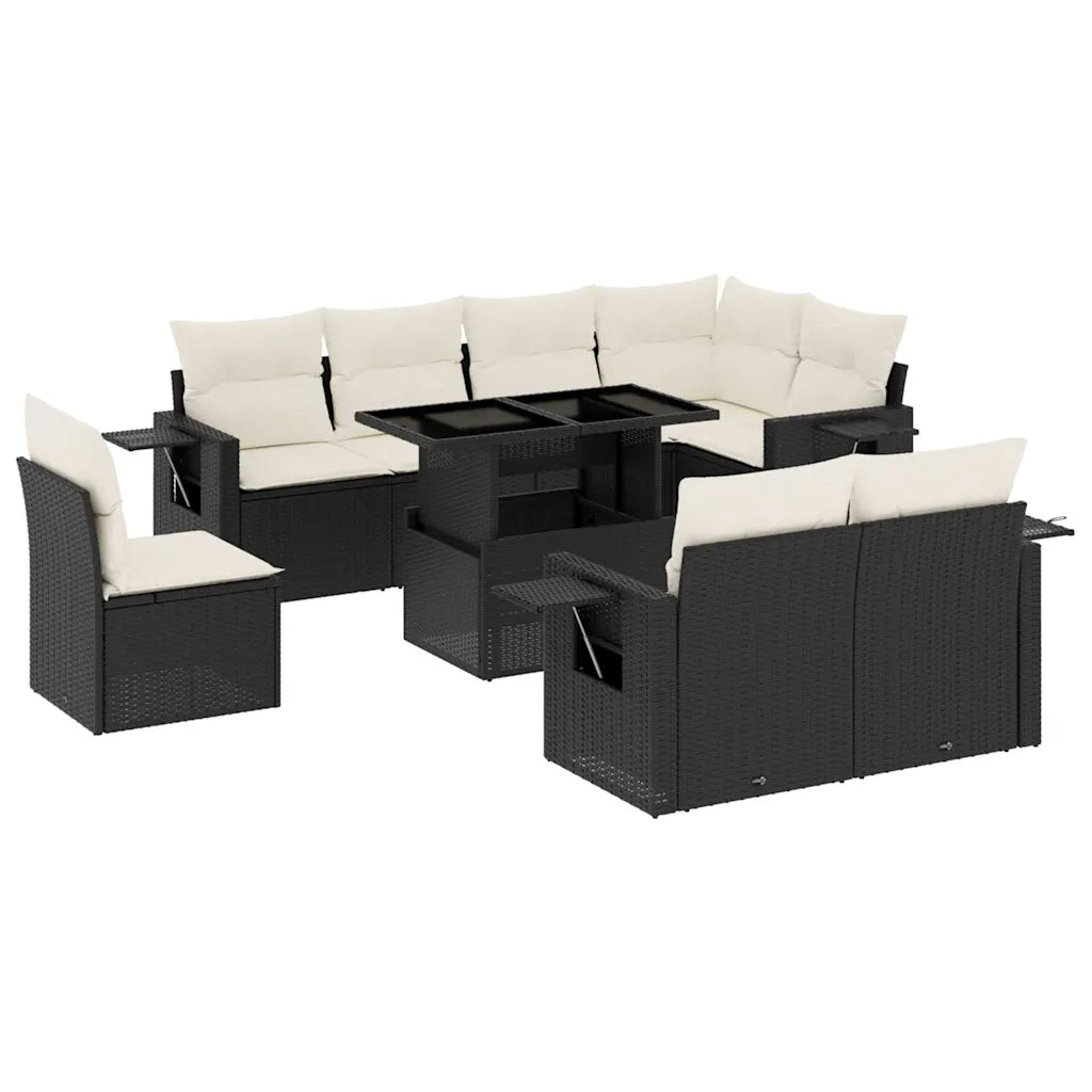 Set Divani da Giardino 9 pz con Cuscini Nero in Polyrattan