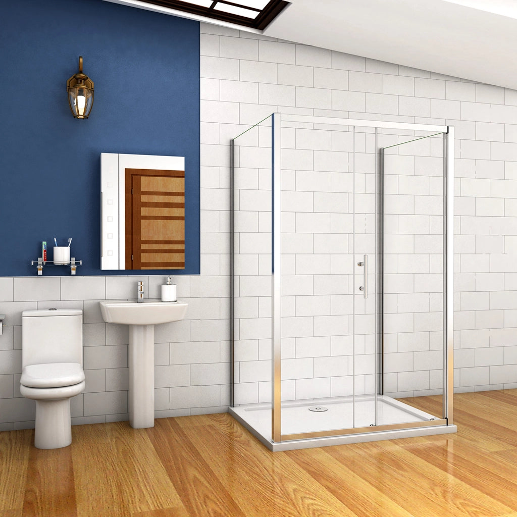 185 cm Box Doccia a Tre Lati Porta Scorrevole con Doppia Parete Fissa Vetro Temperato 5 mm Trasparente Telaio Cromato Lucido 90x120x90 cm