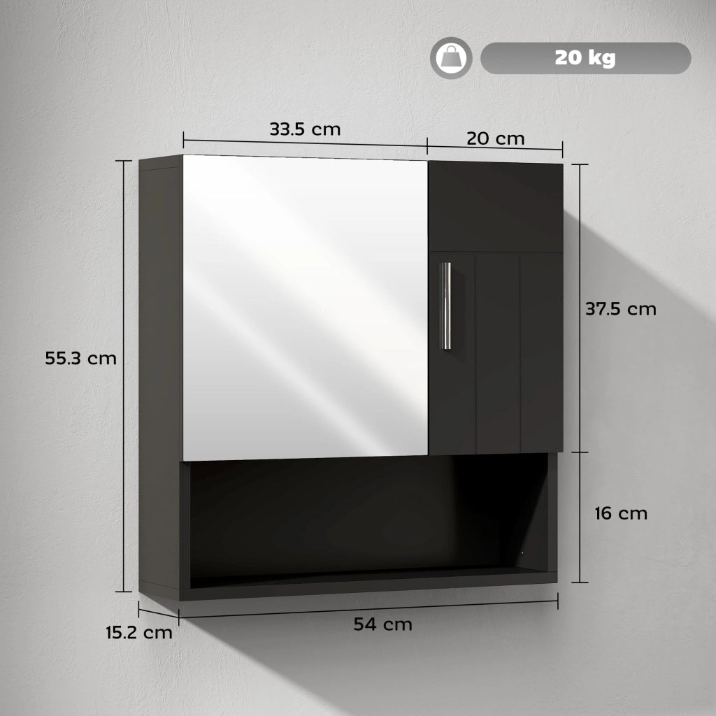 Armadietto Specchiera Bagno in Legno con Mensole Regolabili e Ripiano Aperto ¨C Zephmum ¨C Nero 54x15.2x55.3 cm