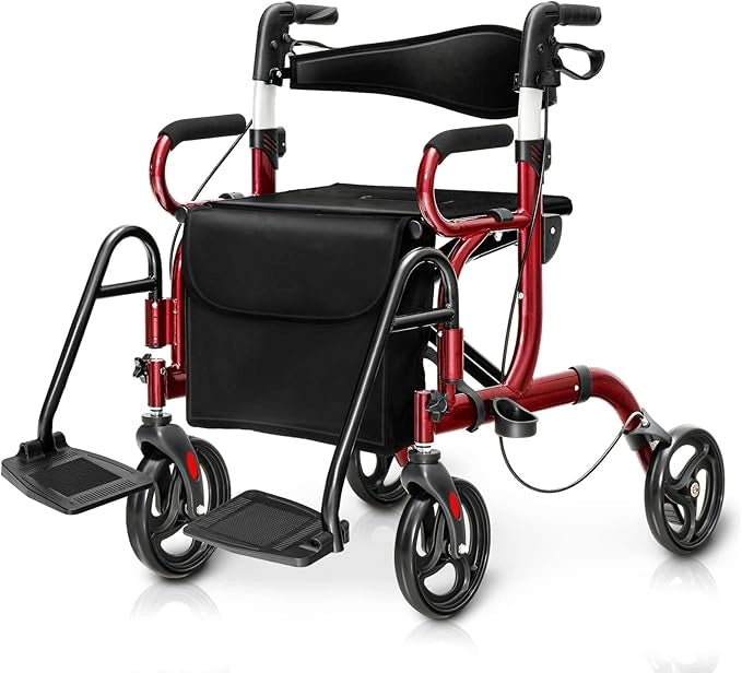Deambulatore 2 in 1 per Anziani in Alluminio, Rollator Pieghevole e Regolabile in Altezza con Sedia, Schienale Reversibile, Manici Regolabili, Ruote, Poggiapiedi e Borsa Rimovibile (Rosso)