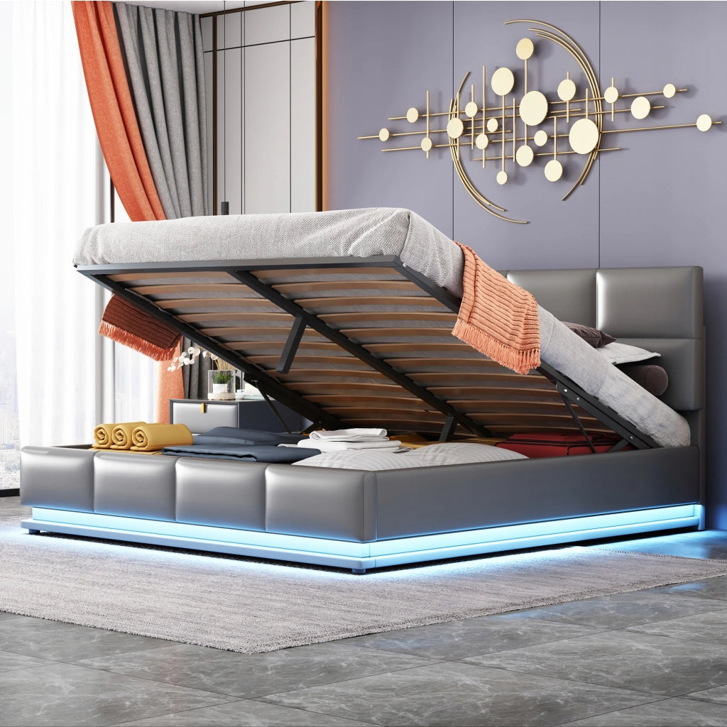 Letto imbottito con LED e ripostiglio - Xylo - 160x200 - Grigio