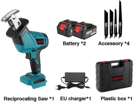Recipro Zaag elettrico - Con contenitore di stoccaggio - Incluso: 2x batteria, caricatore & 4x lama - Blocco/Interruttore - Facile da sostituire - Blu