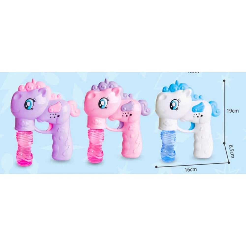 Trade Shop - Pistola Spara Bolle A Forma Di Pony Con 2 Flaconi Di Ricarica Da 50 Ml 3 Colori 6726065 -