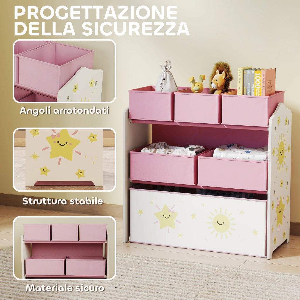 Libreria Porta Giocattoli 3 Livelli con 6 Cesti ¨C Minimal ¨C Rosa